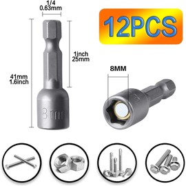 12 Pieces 8 mm Magnetic Socket Set 1/4 Inch Hex Drill Bit Set Adapter Metric Multi-Tooth Nut Set Hex Socket for Drill or Cordless Screwdriver Accessories