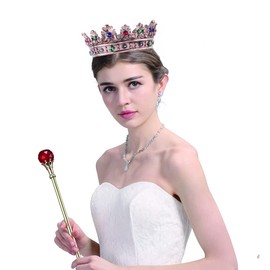 Baroque Royal Metal Crown for Men - Full Circle Prince Hair Crown Accessory for Birthday, Cosplay, Prom, Party - Bronze with Colorful Stone