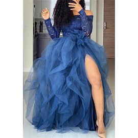 Women Tulle Maxi Skirt Long Tutu Dress Floor Length Layered Puffy Maxi Skirt Formal Evening Party Wedding Skirt (A Navy Blue, One Size)