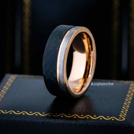 Jewelry Avalanche 8mm Men's 3-Tone Rose Gold Tungsten Wedding Band, Groove Line Faceted & Brushed Finish Comfort-Fit Pipe Cut Anniversary Ring - TN841s7
