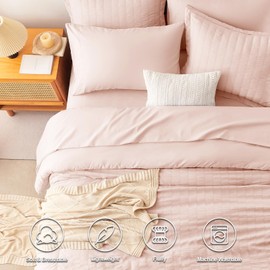CozyLux Queen Comforter Set Blush Pink Seersucker 7 Pieces, Bed in a Bag Comforter Set with Sheets All Season, Bedding Sets with Comforter, Pillow Shams, Flat Sheet, Fitted Sheet and Pillowcases