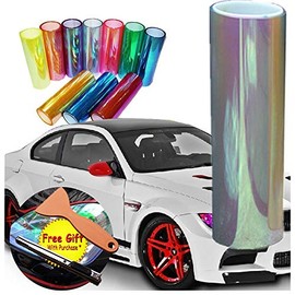 DIYAH 12 X 48 inches Self Adhesive Shiny Chameleon Headlights Tail Lights Fog Lights Films,Film Sheet Sticker,Tint Vinyl Film with Gift Knife and Hand Tool (Clear)