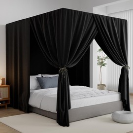 CFFNCH Black Canopy Bed Curtains - 4 Corner Post Bed Curtains Queen Lightproof Drapes Bed Canopy Curtains with Tie Backs for Adults & Girls Bedroom Decoration(Black,Queen)