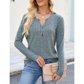 Edelqual Long Sleeve Tops for Women 2025 Fall Casual Henley V Neck Shirts Sweater Tunics Trendy Fashion Outfits Business Teacher Office Maternity Wear (Green,L)