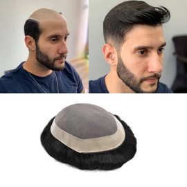 Generic 100% European Human Hair Men's Toupee, D7-3, 8''X11'', Black, Modern, Fine Mono, 120% Medium Light to Medium Density