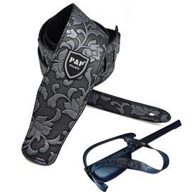 YJFY Guitar Strap Guitar Straps Bass Strap Patterned PU Leather Guitar Strap Restrained Luxury with Substance for Bass, Acoustic Guitar, Electric Guitar, Silver vintage floral pattern