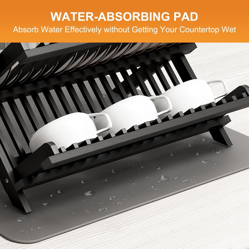Greenual Black Bamboo Dish Drying Rack with Utensil Holder, 3
