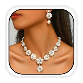 Unicra Gold Pearl Bridal Wedding Jewelry Set Rhinestone Necklace Earrings Sets Flower Formal Prom Costume Jewelry Sets for Women and Brides (Silver)