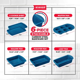 BAKKEN Kitchen Baking Pan Set - Nonstick Blue Marble Coating, Commercial Grade Carbon Steel Bakeware Sets, Baking Kitchen Essentials, PFOA, PFOS, PTFE Free, Oven Safe Tray (Up To 450° F), Set of 6