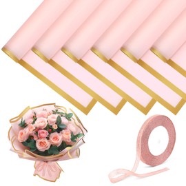 COITEK 20+1p Flower Bouquet Wrapping Paper Set, 20 Sheets 58x58 cm Pink Flower Waterproof Bouquet Wrapping Paper with 1pcs Ribbon