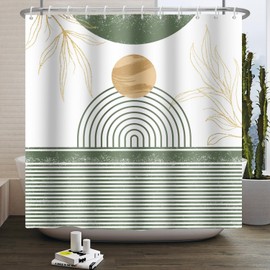 ASDCXZ Boho Shower Curtain 180 x 200 cm, Modern Abstract Art Sage Green Line Gold Leaves Khaki Sun Bath Washable Shower Curtains Polyester Textile Waterproof Bath Curtain for Bath with 12 Hooks