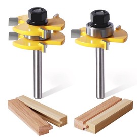 Tongue and Groove Router Bit Set of 2 count, 1/4 Inch Shank, 3 Teeth Adjustable T Shape Wood Milling , 1/2Inch  Depth,3/4Inch Stock,Woodworking Tools - Color: 1/4 inch shank