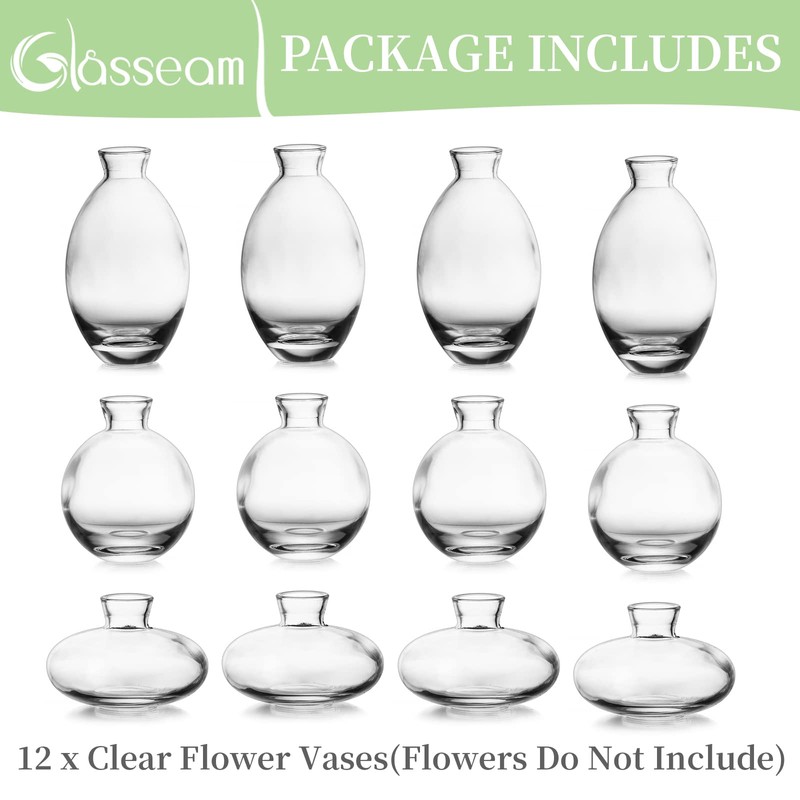 Glass Bud Vase for Centerpieces, 12Pcs/4Sets Glasseam Modern Clear Mini