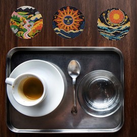 Hudestail Diamond Painting Coasters Kits, 6 Pcs Abstract Landscape Diamond Art Coasters with Holder, Diamond Painting Kits for Adults Beginners Crafts for DIY Coasters Gift for Christmas Holiday