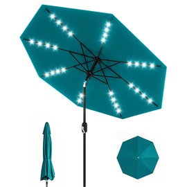 GarveeLife 9 Ft Patio Umbrella with Solar Lights, Outdoor Table Umbrella with 32 LED Lights & Tilt Crank, 8 Ribs Market Umbrella for Pool, Deck, Backyard, Balcony, Turquoise Blue
