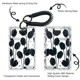 SHININGEYES ID Card Badge Holder Key Chain Plastic Spring Rope with Metal Keyring, Plastic Slide Open with ID Window for Women Men Girls Students(Black Tulips)