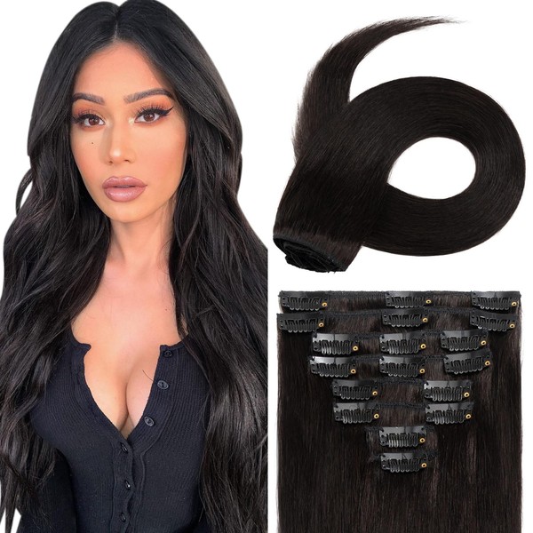 Real hair clip-in extensions, 100 % Remy real hair extensions, straight, 8 wefts, 18 clips, thin
