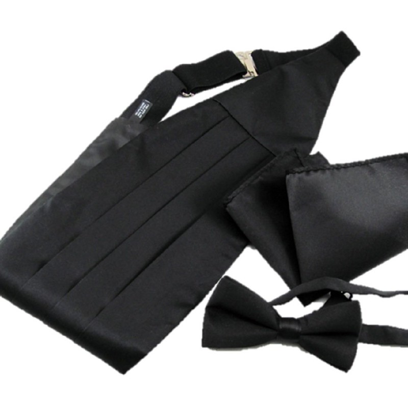 Miaomiao Cummerbund Bow Tie, Square, Set of 3, Black, Gentleman,