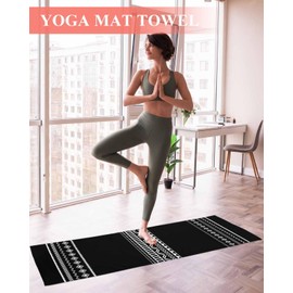 Rocking Giraffee Yoga Mat Towel Boho White Polka Dot Geometric Striped Black Non Slip Hot Yoga Mat Towel with Corner Pockets Absorbent Microfiber Yoga Towels for Hot Yoga, Bikram, Pilates, 26x74 Inch