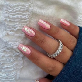 Rose Pink Chrome Square Press on Nails Medium,KQueenest Glitter Mirror Plating False Acrylic Nails Press Ons,Natural Fit Glue on Nails Short Coffin,Light Stick on Nails for Women in 24 PCS