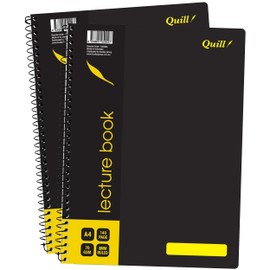 Quill, Lecture Notebook A4, 140 Pages, 70 gsm, 8mm Ruled, 7 Punched Holes, Spiral Bound, Waster Resistent Black Cover, Pack of 2