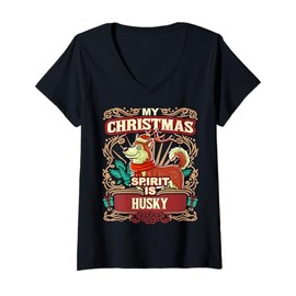 Womens Husky My Christmas Spirit Dog Santa Claus Elf Reindeer V-Neck T-Shirt