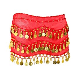 SamHeng Belly Dance Hip Scarf with 128 Dangling Gold Coins, Chiffon 3 Rows Belly Dance Skirt Wrap Belt, Belly Dance Costume Accessories for Women Girls