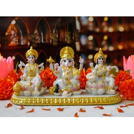 Indian Ganesha Lakshmi Saraswati Statue - 3.9”H Hindu God Ganpati Laxmi for Car Dashboard Decor India Murti Diwali Pooja Gifts for Indian Family Frined Home Office Temple Mandir Altar Puja Item