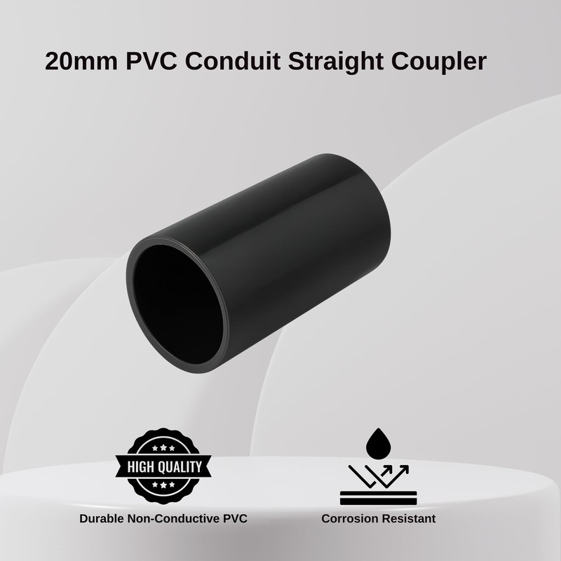 Black 20mm PVC Conduit Straight Couplers - Push-Fit Joiners -