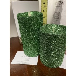 Luminara LOT NEW 2 Luminara Real Flameless Candle 7" & 5” Glitter Green Remote Set Sealed