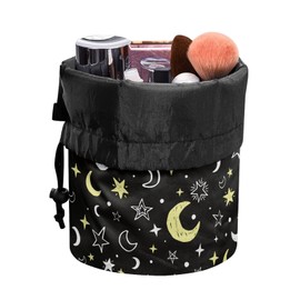 STUOARTE Stars and Moon Drawstring Barrel Makeup Bags Portable Toiletry Case Travel Cosmetic Multifunctional Bucket Toiletry Bag Round Storage Pocket Collapsible Gifts for Women Girls