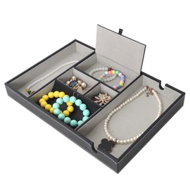 Arolly Black Leatherette Valet Tray Dresser for Phone, Coins, Watches, Sunglasses, Jewelry, Keys and Other Accessories, 6 Compartments Desk Organizer Box