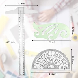 Frienda 5 Pieces Drafting Tools 12 Inch T-Square Ruler Plastic Transparent Drawing Ruler 180 Degree Protractor, 2 Triangles and a French Curve for Students and Engineering Drawing