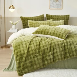 Luowei Plush Bed Linen 135 x 200 cm Warm Winter Colour Gradient Green Cuddly Fluffy Fleece Bed Linen Luxury Reversible Duvet Cover with Zip and Pillowcase 80 x 80 cm
