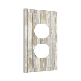 Rustic Vintage White/Gray Wood Wooden 1-Gang Duplex Device Receptacle Wall Plate Electrical Outlet Covers Old Country Farm Kitchen Barn Decorative Replacement Light Switch Socket Plug Faceplate Covers