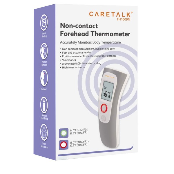 Veridian Healthcare 09-1009C Caretalk Non-Contact 3-in-1 Forehead Thermometer, 2-Second Readout, Measures Body and Object/Liquid Temperatures, LCD Backlit Display, Fahrenheit/Celsius Measurements