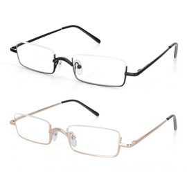 KoKoBin 2 Pairs Half Reading Glasses Square Semi Rimless Readers Metal Frame for Men and Women(Black+Gold 1.75)