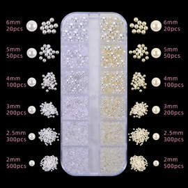 2 Boxes Flat Back Rhinestone&Pearls Kits for Nail Art, Face Makeup and Craft,Flatback Half Round Pearls White and Beige Color Black AB Crystal with Pickup Pencil and Tweezer