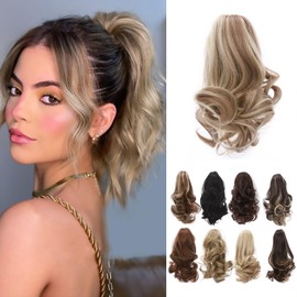 TESS Ponytail Clip Extensions, 30 cm Wavy Ponytail Hairpiece, Ash Blonde, Balayage Hair Extensions for Braid, Synthetic for Women