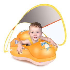 LAYCOL Baby Swimming Float Inflatable Baby Pool Float Ring with Sun Protection Canopy, Add Tail No Flip Over for Age of 3-36 Months (Orange, L)