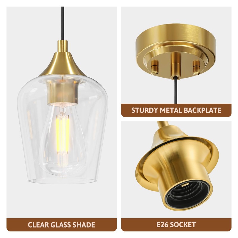 VONLUCE Pendant Lights Kitchen Island, Brushed Gold Pendant Light Fixtures
