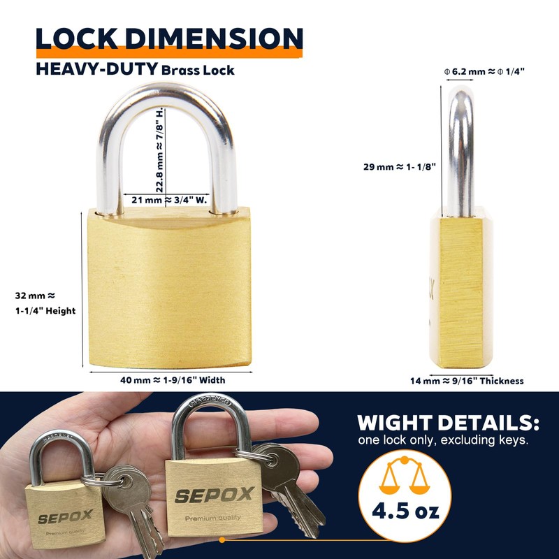 SEPOX 2-Pack Premium Solid Brass Padlock Keyed Alike, 1-9/16" 40mm