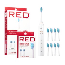 Red by Kiss Hypersonic Ultra Powerful Electric Toothbrush – 3 Cleaning Modes, Gum Care Protection, 75-Day Battery, USB-C Fast Charging, Waterproof IP67, 4 Extra Brush Head Set (White)