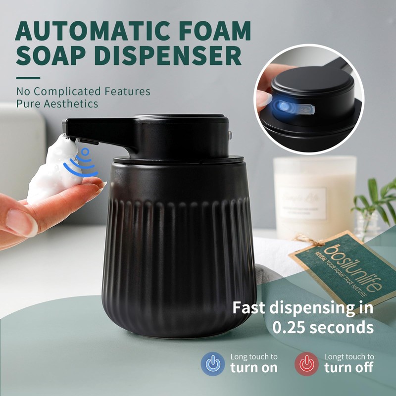 BosilunLife Ceramic Automatic Soap Dispenser,3 Adjustable Levels,Black,10oz