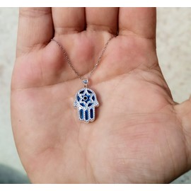 MYSTIC JEWELS By Dalia - 925 Sterling Silver and Crystal Evil Eye Necklace, Minimalist, in different Shapes for Good Luck, gift (Hand of Fatima)