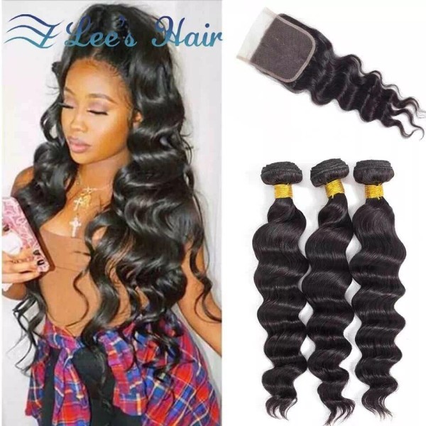 eleeshair Loose Deep Wave Human Hair Bundles with 4x4 Lace
