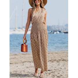 CUPSHE Women's Maxi Dress One Shoulder Retro Boho Paisley Smocked Sleeveless Fitted Long Summer Formal Dress Khaki, M