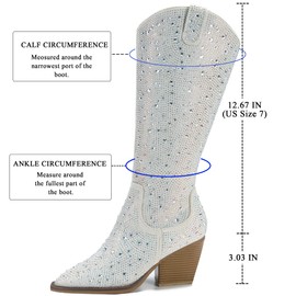 TPBKGVUW Women's Rhinestone Knee High Boots Western Cowgirl Boots Cowboy Boots Chunky Heel Pointed Toe Sparkly Mid Calf Boots White Suede and rhinestones Size US 10