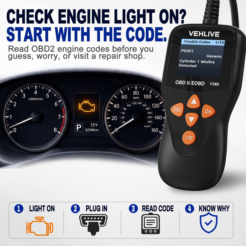 V380 OBD2 Scanner for Check Engine Light, Color Display Car