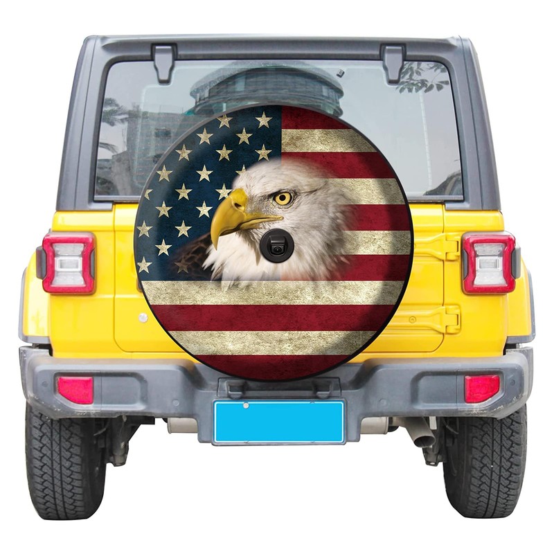 Retro American Flag Spare Tire Cover with Backup Camera Hole